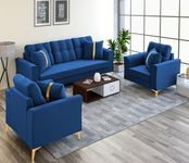 Adorn India Premium Maddox Tufted - 3 Years Warranty - 3+1+1 Sofa Set Velvet Suede Fabric - Blue