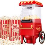 Almineez Retro Carnival Popcorn Maker – Red 1200W Electric Fairground Popcorn Machine with Hot Air Circulation Popcorn Popper - for Fat-Free and Healthy Snacking - Perfect for Home Cinema With 6 Bags