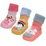 Happy Cherry Baby Boys Girls First Walking Shoes Winter Non-slip Slippers Cartoon Animal Thick Warm Socks Orange Bunny Yellow Penguin Pink Deer 18-24 Months