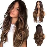 Long Brown Wig Synthetic Wavy Wig for Women, Female Natural Daily Hair with Middle Part Full Wigs for Everyday/Party/Cosplay