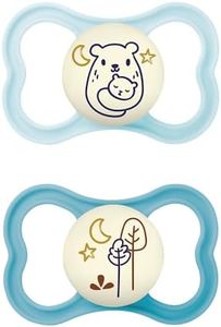 MAM Air Night Soothers 16+ Months (Pack of 2), Glow in The Dark Baby Soothers with Self Sterilising Travel Case, Newborn Essentials, Blue, (Designs May Vary)