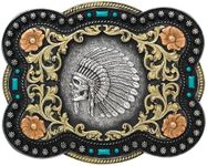 Nocona Boots Men's Standard Indian Chief Skull Floral Scroll Antique Silver Western Belt Buckle 37038, 4" x 3.25"