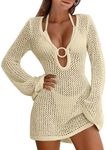 ANRABESS Women Beach Crochet Cover Ups Summer Knit Swimwear Mesh Bathing Suit Hollow Out Dress 2024 Vacation Swimsuit Beige