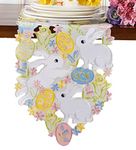 Easter Table Runner Spring Bunnys Flowery Table Runner Cutwork Embroidered Floral and Bunnys Dresser Scarf Table Topper Home Kitchen Dining Tabletop Decoration (Runner 13"×36", Bunny)