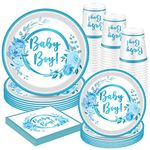 mciskin Baby Shower Plates and Napkins Baby Boy Decorations 16 Pack Baby Blue Floral Paper Plates, Napkins, Paper Cups for Baby Boy Gender Reveal Baby Shower Party Supplies.