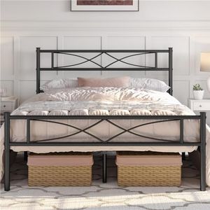 Yaheetech Cadre de Lit 140x200 cm avec Sommier, Lit en Métal Double pour Adultes 2 Personnes Deux Places, Sommier à Lattes et Tête de Lit, 32cm Espace de Rangement, Assemblage Simple, Noir