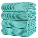 POLYTE Microfiber Oversize Quick Dry Lint Free Bath Towel, 60 x 30 in, 4 Pack (Aqua, Waffle Weave)