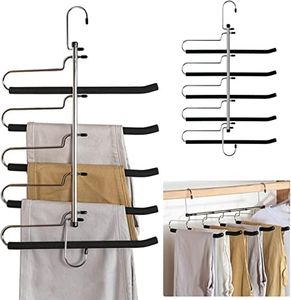 Pants Hangers Space Saving with 5 Layers Closet Organizer Pants Rack Holder, Non Slip Closet Hangers for Pants Jeans Scarf Trousers Scarves Ties (2 Pack)