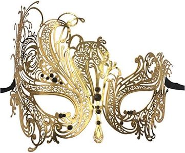 Luxury Mask Women's Swan Metal Filigree Laser Cut Venetian Masquerade Mask, Gold/Black Stones, One Size
