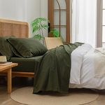 BESTOUCH Sheet Set 100% Washed Cotton Linen Feel Super Soft Comfortable Chic Lightweight 4 Pcs Home Bedding Set Solid Olive Green Queen