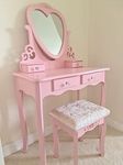 Pink love heart wood dressing table with stool and adjustable mirror bedroom furniture comes with 4 Drawers Vanity Table for Bedroom Girls Dressing Table Heart shaped mirror 75CM WIDTH (Pink)