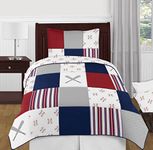 Sweet Jojo Designs Red, White and Blue Baseball Patch Sports Boy Twin Kid Childrens Bedding Comforter Set-4 Pieces-Grey Patchwork Stripe