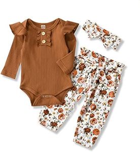 Kislio Newborn Baby Girls Clothes Ribbed Ruffled Romper+Floral Pants+Headband Infant Outfit Set