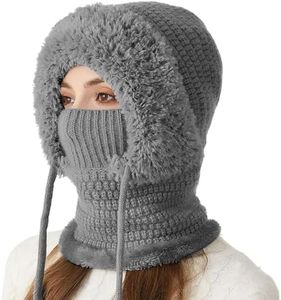 3 in 1 Beanie Hat with Scarf and Mask, Warm Knitted Beanie Hat for Women, Cozy Beanie for Daily Wear (Gray)