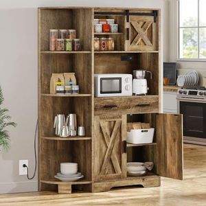 YITAHOME 67" Farmhouse Kitchen Pantry Storage Cabinet w/Sliding Barn Door ＆ Power Outlet, Freestanding Hutch with Shelves & Drawers, Microwave Stand, Large Kitchen Cupboard for Dining Room, Oak