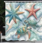 Ambesonne Coastal Shower Curtain, Marine Art Starfish and Sea Turtles on Pastel Colored Marble Print, Cloth Fabric Bathroom Decor Set with Hooks, 69" W x 70" L, Blue Grey Seafoam and Coral