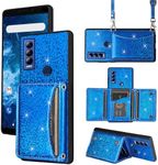 Furiet Wallet Case for AT&T Motivate Max U668AA/Cricket Ovation 3 U668AC with Shoulder Strap Thin Slim Flip Purse Credit Card Holder Stand Sparkly Glitter Bling Cell Phone Cover for ATT Women Men Blue