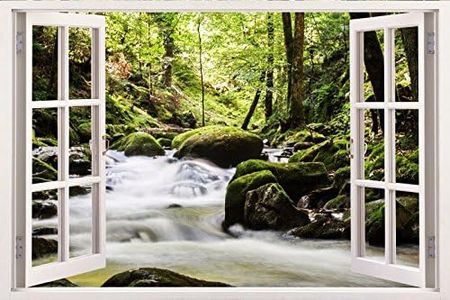 Mi Alma Huge 3D Vinyl Wall Decal Decal, White Window Frame Style Home Décor Art Removable Wall Decal, 33.5"x 45" (Flowing Water W122)