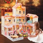 JYGOG Dollhouse for Girl, Doll House 4-5 Years Old with Light, Chimney & Slide, Playing House Building Playset with Acceccories & Furniture, DIY Cottage Pretend Play Toys for Toddler Kid