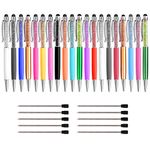 PUDSIRN 20Pcs Crystals Capacitive Touch Screen Stylus, 2-in-1 Rhinestones Retractable Ballpoint Pen with 10Pcs Replacement Refills for iPhone, iPad, Note and School Office Supplies (Black Ink)