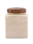 miah decor Ceramic Food Storage Jar Ivory Canister Wooden Lid With Airtight Silicone Seal, Perfect For Tea, Coffee, Spices Or Snacks - Off White, (Size HxW:-4X3 inches;Volume:- 500 ml)