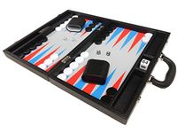 16-inch Premium Backgammon Set - Medium Size - Black Board, Scarlet Red and Patriot Blue Points