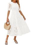 ZESICA Women's 2024 Summer Short Puff Sleeve Crewneck Smocked Floral Lace Flowy A Line Tiered Maxi Dresses, White, Medium