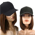 iLUU Light Brown Short Straight Bob Wig with Hat Wig 9" Short Synthetic Hair Extensions Hairpiece with Attached Adjustable Black Baseball Cap for Women Girl