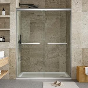 GarveeTech Frameless Sliding Shower Door,44-48" W x 72" H Double Sliding Shower Door, 5/16" (8mm) Thick SGCC Tempered Glass - Explosion-Proof Film, Brushed Nickel