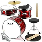 Pyle Kids Drum Set, 3 Piece Beginner Junior Drummer Kit with 13" Bass Drum, Snare, Tom, Cymbal, Adjustable Throne, Mutes, Drumsticks, Red