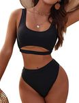 Blooming Jelly Women's High Waisted Bikini Sets High Cut Bathing Suits Two Piece Sporty Cut Out Crop Top Swimsuits(Large,Black)