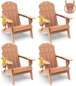 GREENVINES Folding-Adirondack-Chairs-Set-of-4 | HDPE Plastic | Fire Pit Chair | All Weather | Cup Holder | Teak | for Deck Backyard Patio Outdoor Garden