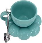 Ceramic Mug with Steel Spoon, Creative Cute Cup with Sunflower Coaster for Office and Home, Dishwasher and Microwave Safe, 6.5 oz/200 ml for Tea Latte Milk ，Breakfast Cup，Cup and Saucer Set, (Blue)