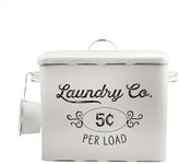 AuldHome Farmhouse Laundry Powder Container, White Enamelware Detergent Bin with Scoop