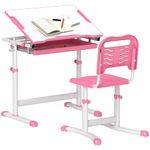 Qaba Kids Desk and Chair Set, Height Adjustable Study Table and Chair Set with Drawer, Pen Slot, Tiltable Desktop, Hook, Pink