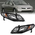 WEELMOTO for 2006-2011 Honda Civic 4-Door Headlights Replacement for Headlight Pair Headlamp Black Housing Amber Reflector Left+Right Side