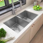 Ruhe® 304 Handmade Double Bowl Kitchen Sink 45 x 20 x 10 inches | 304 Grade Stainless Steel with Brushed Matte Finish | Including Connector/Sink Coupling/Waste Pipe