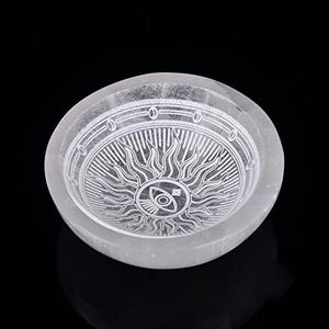 AMOYSTONE Selenite Crystal Bowl 4" Round Jewelry Crystal Charging Station Dish Etched Pattern Demon Eye #2