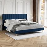 Zoophyter Upholstered Platform Bed Frame King Size with Headboard Mattress Foundation Strong Wooden Slats Support Easy Assembly No Box Spring Needed Blue Velvet