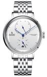 B BINGER Senors Watches Men's Automatic Watch with Power Reserve Display Wristwatch (Silver White)