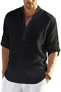 COOFANDY Men's Cotton Linen Henley Shirt Long Sleeve Hippie Casual Beach T Shirts Black