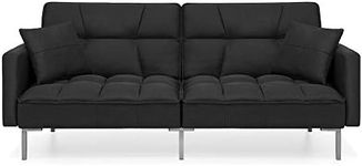 Best Choice Products Convertible Linen Fabric Tufted Split-Back Plush Futon Sofa Furniture for Living Room, Apartment, Bonus Room, Overnight Guests w/ 2 Pillows, Wood Frame, Metal Legs - Black