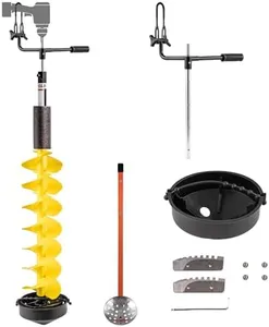 PPOLB Ice Fishing Auger, 8'' Ice Auger Bit, 40'' Cordless Nylon Ice Drill Auger with 18'' Extension, Universal Adapter, Replacement Blade Kits, Top Plate, Ice Scoop and Blade Guard, Yellow