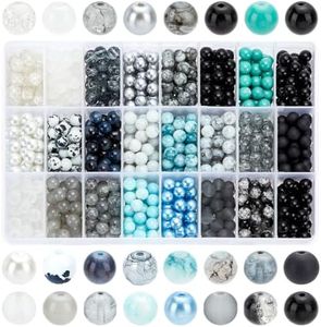 PH PandaHall 8mm Glass Beads 720pcs 24 Color Black Bracelet Beads Rosary Beads Round Marble Loose Beads Crystal Spacers for Bracelet Earring Necklace Jewelry Making Eid Mubarak Ramadan Decoration