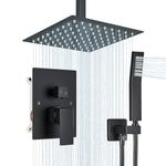 Saetow Rainfall Shower System Matte Black with 8 Inch High Pressure Shower Head Shower Combo Set Ceiling Mount Shower Faucet Set with Handheld Sprayer Rough-in Valve and Shower Trim Included Bathroom