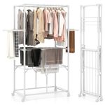 COSTWAY Foldable Clothes Drying Rack, Rolling Aluminum Clothes Airer Dryer Hanger with Folding/Removable Shelves and Lockable Wheels, Freestanding Laundry Rack Clothes Horse for Indoor Outdoor, White