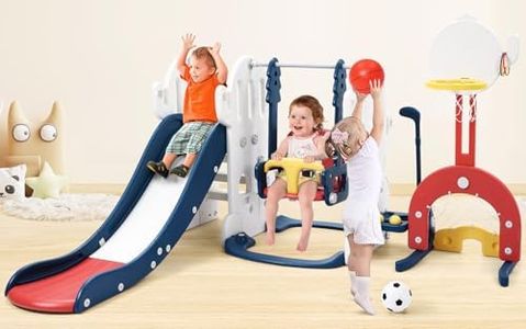 GarveeLife 7-in-1 Indoor Slide and Swing Set, Freestanding Toddler Slide Climber Playset for Kids with Adjustable Swing, Basketball Hoop, Soccer, Golf, Ring Toss Game, Baby Indoor Outdoor Playground