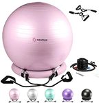 NEUMEE Exercise Ball Chair with Resistance Bands, Yoga Ball Office Chair with Stability Base for Home Gym, Workout Ball for Fitness, Large Size 65 cm (Pink)