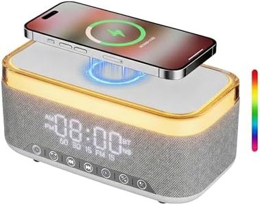 XenDrasine 6-in-1 Bluetooth Speaker Alarm Clock with 15W Fast Wireless Charger, 12-Colour RGB Night Light, White Noise Machine & FM Radio, Stereo Digital Bedside Clock for Bedroom, Office, Grey