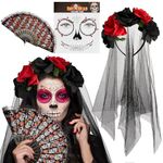 Cindeer Day of the Dead Costume Accessories for Women Headpiece Rose Floral Crown Halloween Costume Mexican Headband with Veil Sugar Skull Folding Fan and Festival Face Gems Dia De Los Muertos